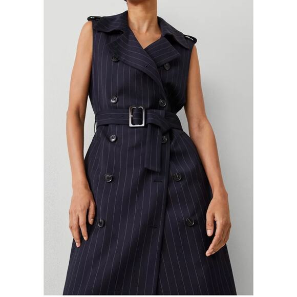Ann Taylor Pinstripe Belted Trench Vest Navy/White Combo Medium - Picture 4 of 9